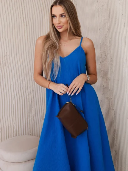 Sukienka muślinowa na ramiączkach chabrowa