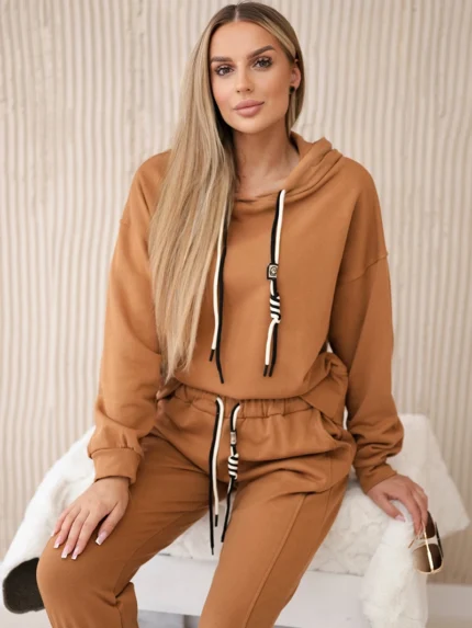Komplet bawełniany bluza z kapturem + spodnie camelowy