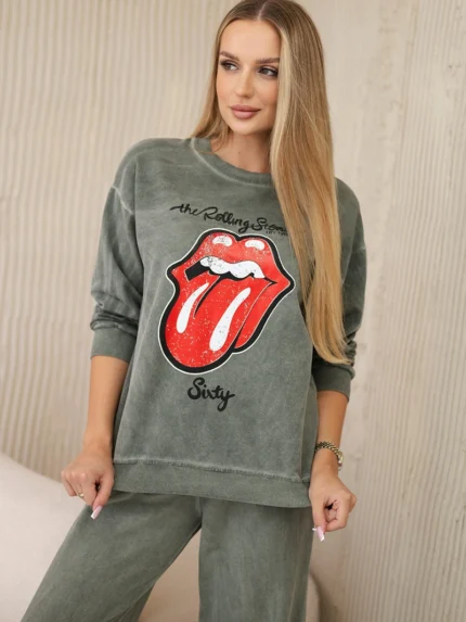 Komplet bawełniany dekatyzowany z nadrukiem bluza + spodnie khaki