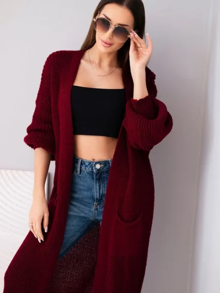 Sweter długi kardigan bordowy