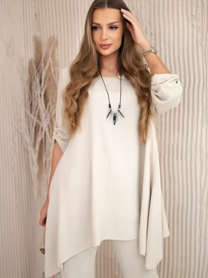 Komplet bluzka + spodnie z wisiorkiem ciemny beżowy