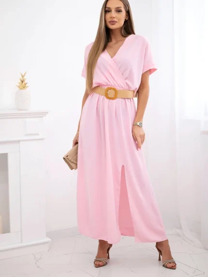 Sukienka długa z ozdobnym paskiem cukierkowy róż