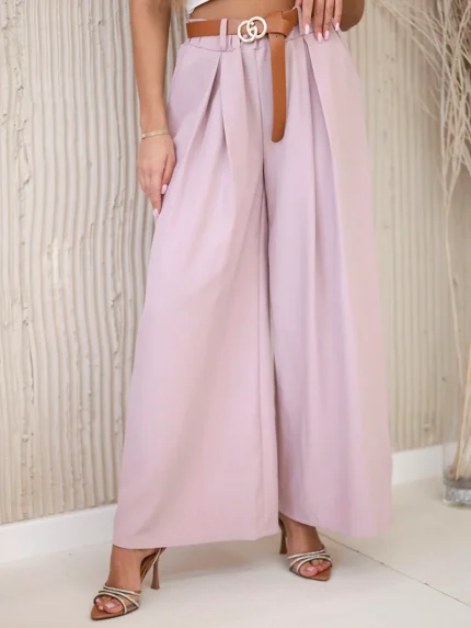 Spodnie z paskiem i szeroką nogawką ciemny pudrowy róż