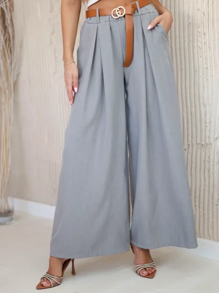 Spodnie z paskiem i szeroką nogawką ciemno szare