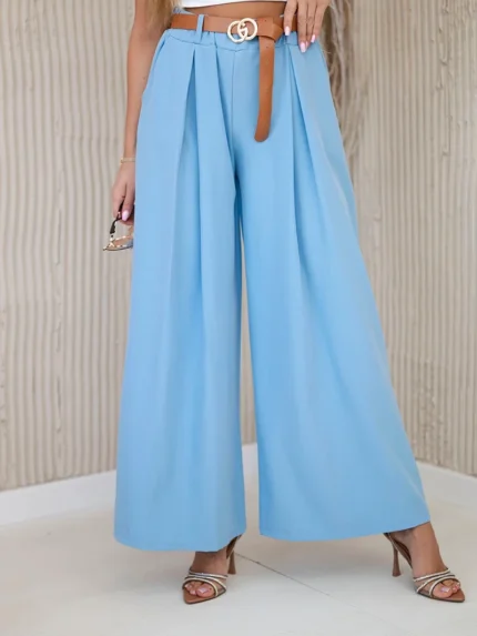 Spodnie z paskiem i szeroką nogawką niebieskie