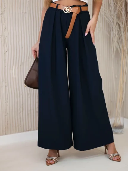 Spodnie z paskiem i szeroką nogawką granatowe