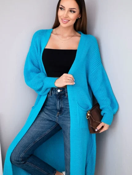 Sweter długi kardigan turkusowy