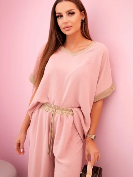 Komplet z wiskozy ze złotym obszyciem ciemny pudrowy róż