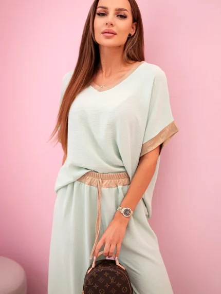 Komplet z wiskozy ze złotym obszyciem ciemny miętowy