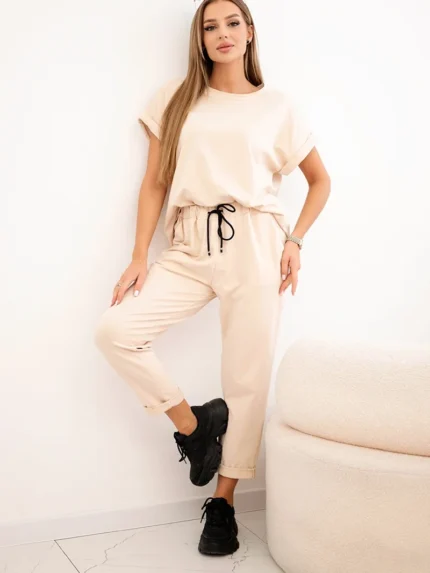 Komplet bawełniany bluzka + spodnie beżowy