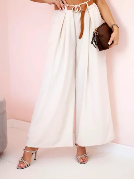 Spodnie z paskiem i szeroką nogawką beżowy