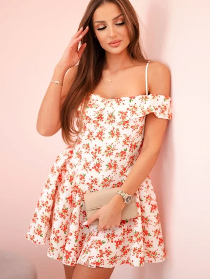 Sukienka damska rozkloszowana w kwiaty z odkrytymi ramionami ecru