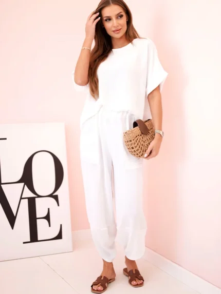 Komplet z wiskozy bluzka + spodnie biały