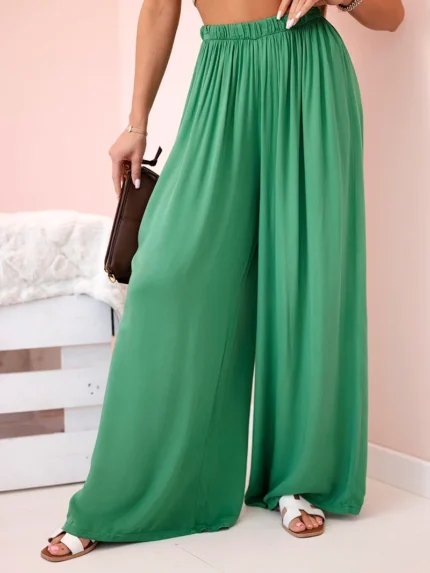 Spodnie damskie wiskozowe szerokie z gumką w pasie zielone