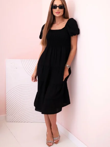 Sukienka damska wiskozowa z bufiastym rękawem i marszczoną górą czarna