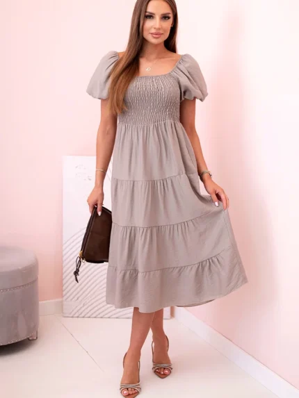 Sukienka damska wiskozowa z bufiastym rękawem i marszczoną górą fango