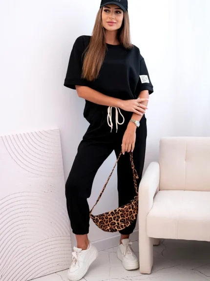 Komplet damski z wiskozy masełko z krótkim rękawem i spodniami czarny