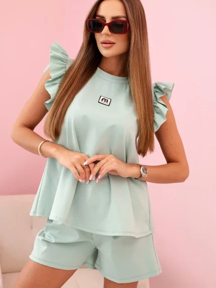 Komplet damski z falbanką – bluzka z krótkim rękawem i szorty z gumką ciemny miętowy