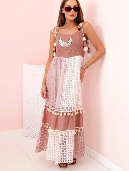 Sukienka damska boho na ramiączkach camelowa