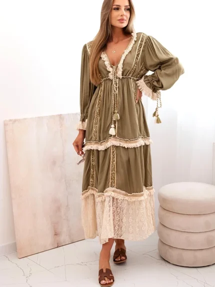 Sukienka damska boho z koronką khaki
