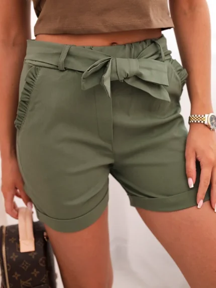 Spodenki damskie z kokardą i falbankami khaki