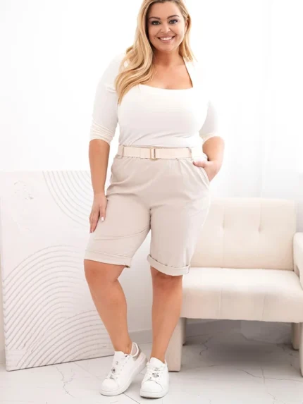 Spodenki damskie bawełniane Plus Size z paskiem beżowe