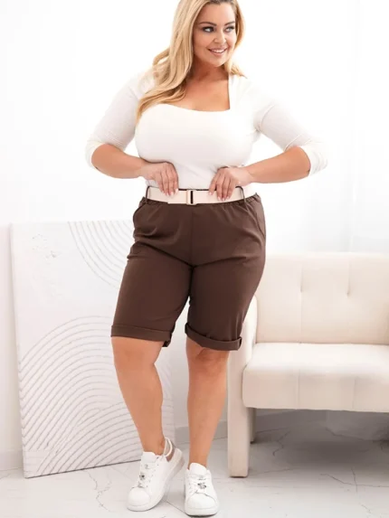 Spodenki damskie bawełniane Plus Size z paskiem brązowe
