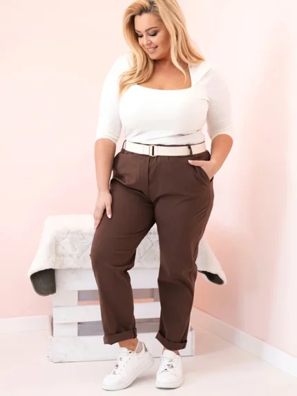 Spodnie damskie bawełniane Plus Size z paskiem brązowe