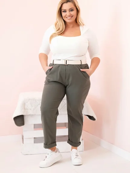Spodnie damskie bawełniane Plus Size z paskiem khaki