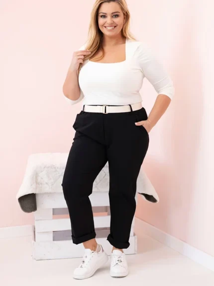 Spodnie damskie bawełniane Plus Size z paskiem czarne