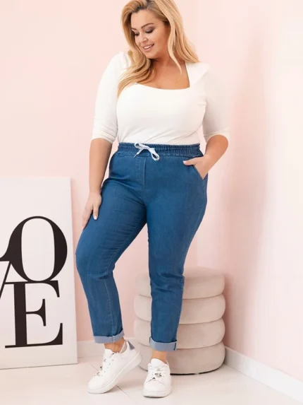 Spodnie damskie bawełniane Plus Size z elastyczną talią i wiązaniem jeansowe