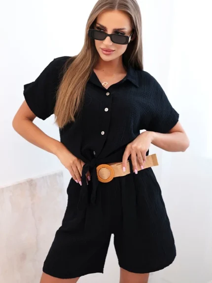 Komplet damski muślinowy z koszulą wiązaną i szortami z paskiem czarny