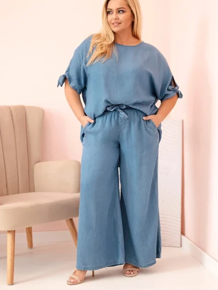 Komplet damski Plus Size z tencelu bluzka z wiązaniem i szerokie spodnie jeansowe