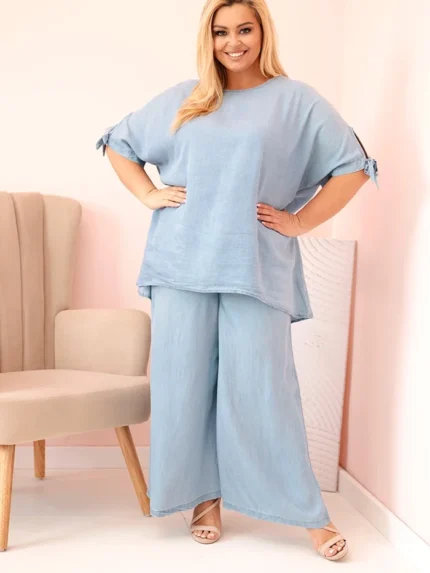 Komplet damski Plus Size z tencelu bluzka z wiązaniem i szerokie spodnie jasny jeansowy