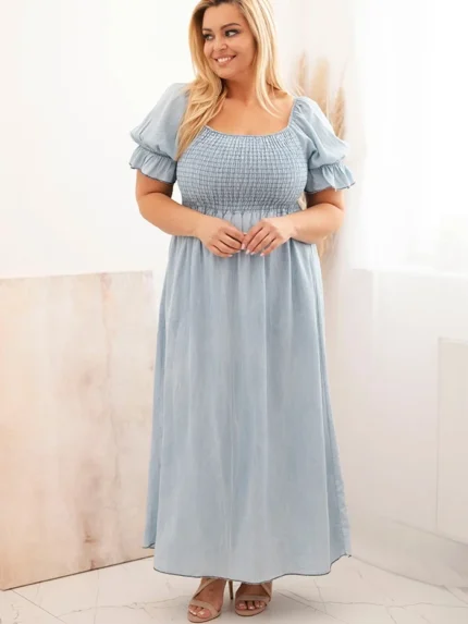 Sukienka damska plus size z krótkim rękawem i marszczeniem z tencelu maxi jasno jeansowa