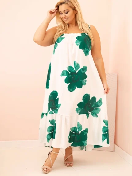 Sukienka damska na ramiączkach z falbaną i kwiatowym printem zielona