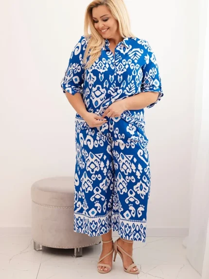 Komplet damski Plus Size wiskozowy z geometrycznym nadrukiem chabrowy