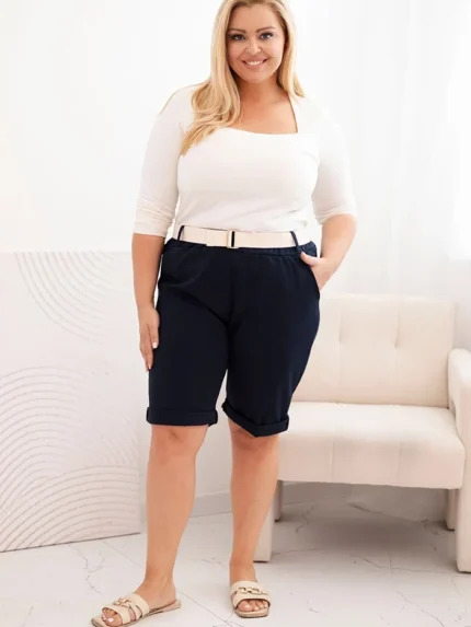 Spodenki damskie bawełniane Plus Size z paskiem granatowe