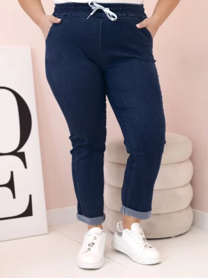 Spodnie damskie bawełniane Plus Size z elastyczną talią i wiązaniem ciemno jeansowe