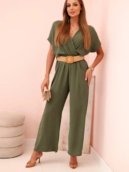 Kombinezon z ozdobnym paskiem w talii khaki