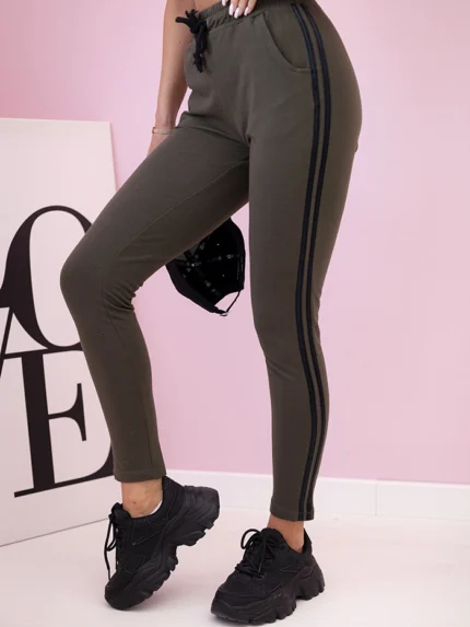 Spodnie damskie dresowe z lampasami i wiązaniem w pasie khaki