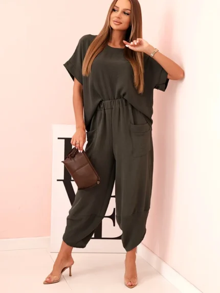 Komplet z wiskozy bluzka + spodnie khaki