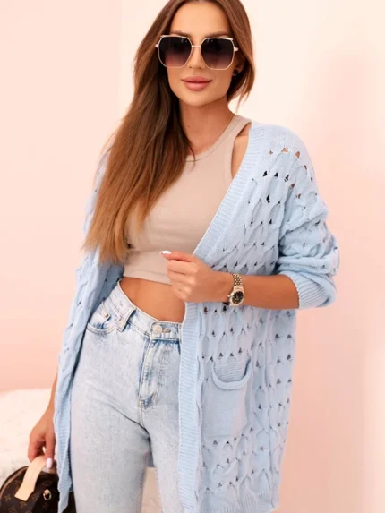 Kardigan damski ażurowy z kieszeniami niebieski