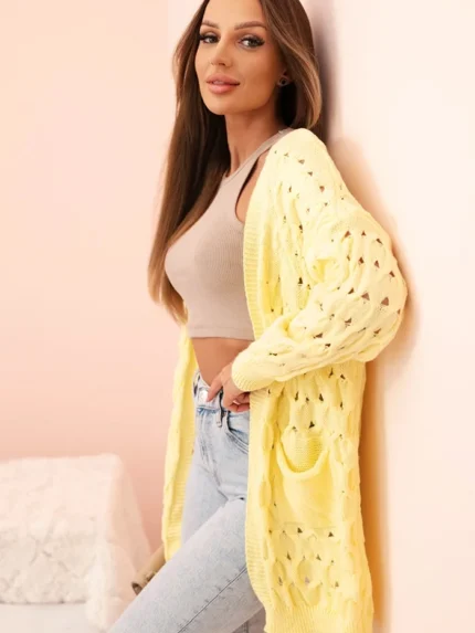 Kardigan damski ażurowy z kieszeniami żółty