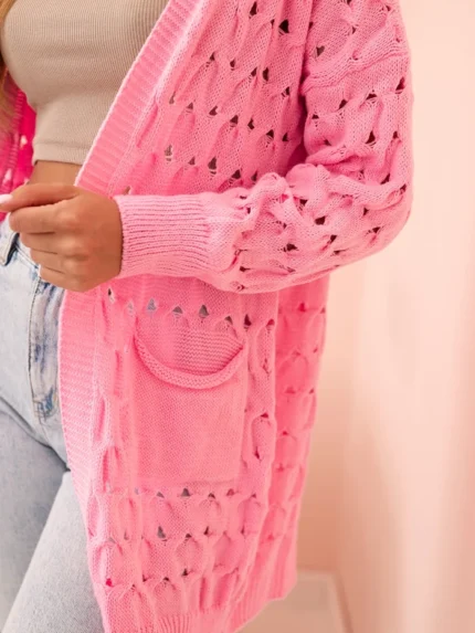 Kardigan damski ażurowy z kieszeniami jasny różowy