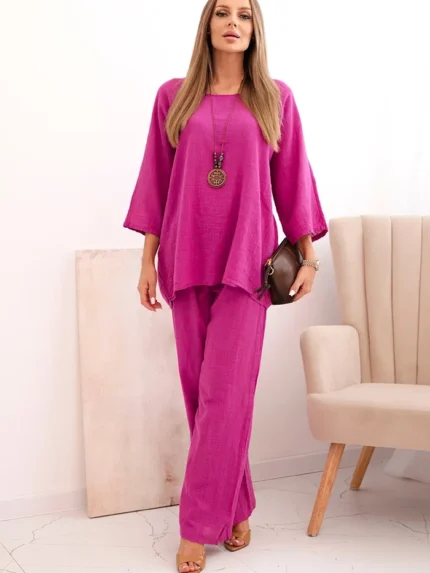 Komplet damski z wiskozy bluzka z naszyjnikiem oraz spodnie fioletowy