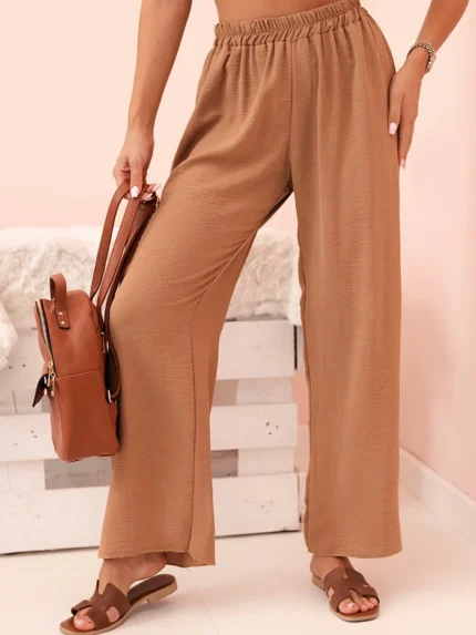 Spodnie z szeroką nogawką ciemno camelowe