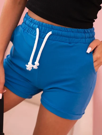 Spodenki damskie bawełniane z gumką i wiązanie w pasie chabrowe