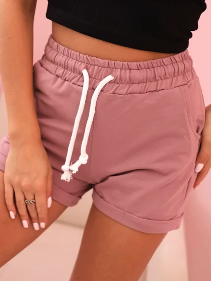 Spodenki damskie bawełniane z gumką i wiązanie w pasie ciemno różowe