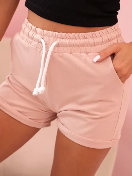 Spodenki damskie bawełniane z gumką i wiązanie w pasie ciemny pudrowy róż